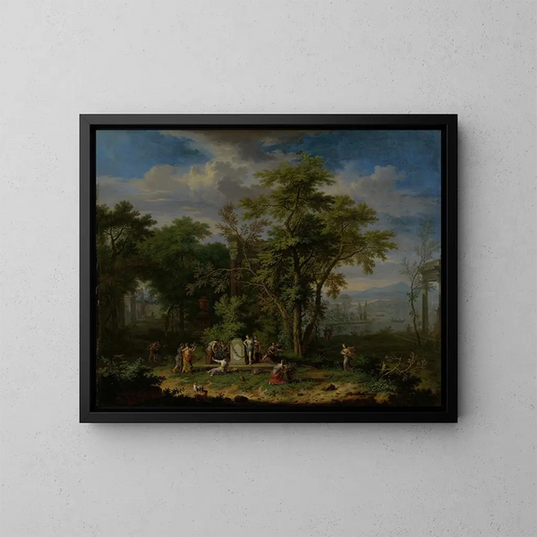 Paisaje arcadiano con un sacrificio ceremonial - Jan van Huysum — cuadro enmarcado en la pared