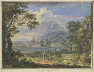 Jan van Huysum - Landschaft mit einer italienischen Stadt bei einem hohen Berg rechts die Ruine eines Tempels im Vordergrund zwei Figuren und ein Hund.webp