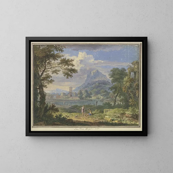 paisaje con una ciudad italiana cerca de una montaña alta, a la derecha las ruinas de un templo, en primer plano dos figuras y un perro - Jan van Huysum — cuadro enmarcado en la pared