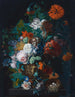 naturaleza muerta de rosas, tulipanes, peonías y otras flores en un jarrón de piedra tallada con un nido de pájaro sobre un pedestal de piedra frente a una hornacina - Jan van Huysum — vista de la obra