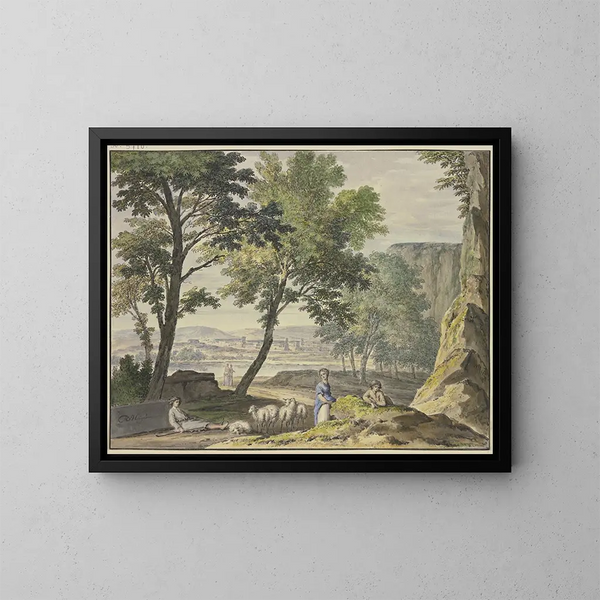 Paisaje elegante con pastores y una ciudad a lo lejos - Jan van Huysum — cuadro enmarcado en la pared