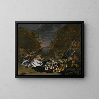 Jan van Kessel the Younger - A still life of a swan and other birds with rabbits fruit and vegetables and a landscape beyond.webp