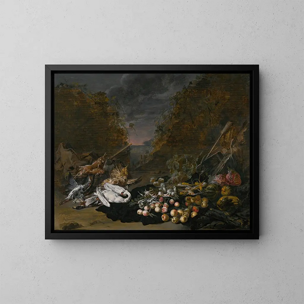 Nature morte avec un cygne et d'autres oiseaux, des lapins, des fruits et des légumes, et un paysage au-delà - Jan van Kessel le Jeune — framed artwork on a wall