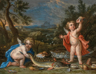 Jan van Kessel the Younger - Two putti with fish and seafood.webp