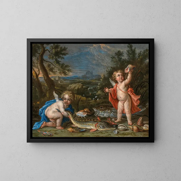 Two putti with fish and seafood - Jan van Kessel the Younger — framed artwork on a wall
