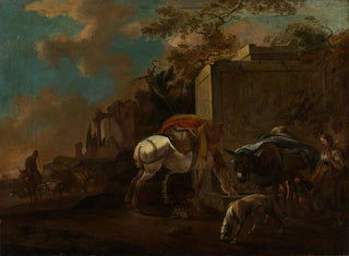Jan van Ossenbeeck - Italienische Landschaft mit Bauern und Vieh am Brunnen.webp