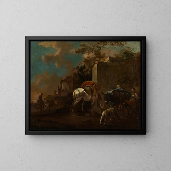 Paisaje italiano con campesinos y ganado cerca de un pozo - Jan van Ossenbeeck — cuadro enmarcado en la pared