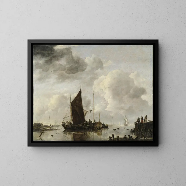 Escena de puerto con agua reflectante - Jan van de Cappelle — cuadro enmarcado en la pared