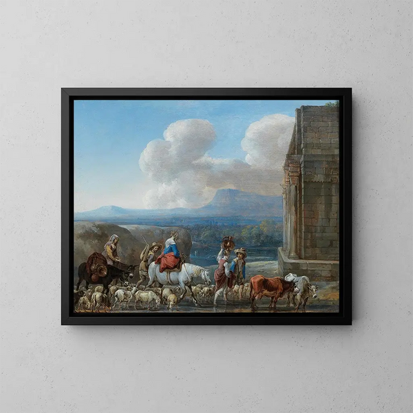 Bergers y viajeros cerca de un arco de triunfo en el campo romano - Jan van den Hecke — cuadro enmarcado en la pared