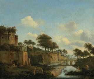 Jan van der Heyden - A fortified town with figures bathing.webp