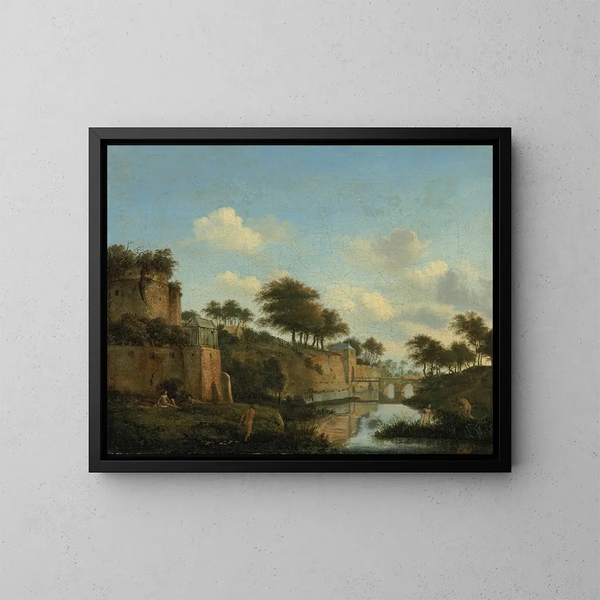 Una ciudad fortificada con figuras bañándose - Jan van der Heyden — cuadro enmarcado en la pared