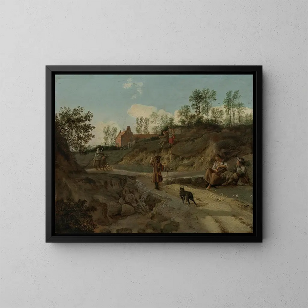 Un paisaje rural con figuras en conversación - Jan van der Heyden — cuadro enmarcado en la pared