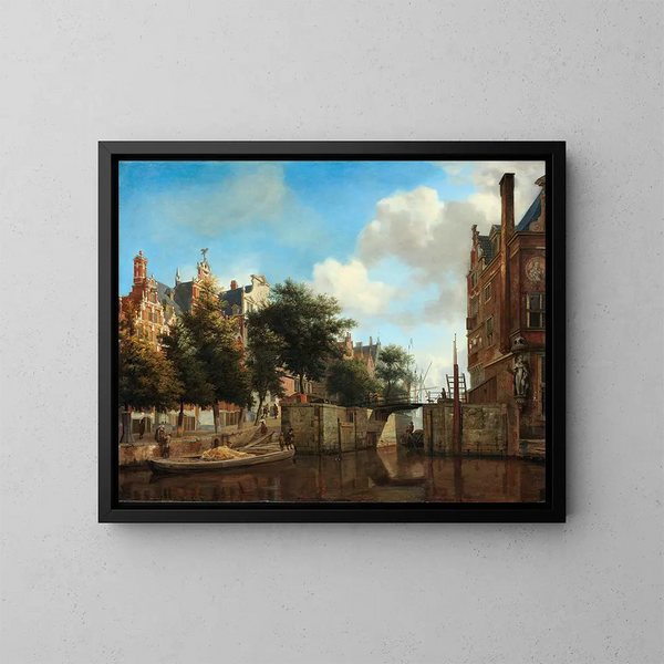 Vista de Ámsterdam con casas en el Herengracht y la antigua Haarlemmersluis - Jan van der Heyden — cuadro enmarcado en la pared