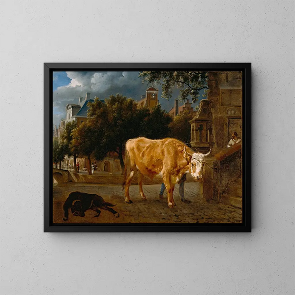 Toro en una calle de la ciudad - Jan van der Heyden — cuadro enmarcado en la pared