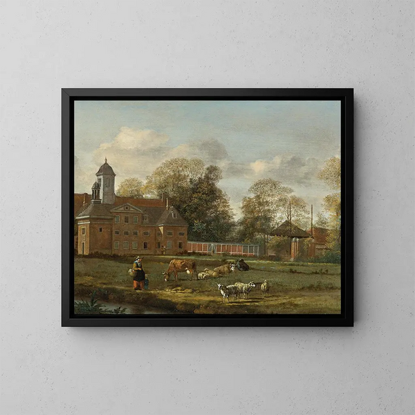 Vista de Goudestein con una mujer y un niño caminando junto a un dique - Jan van der Heyden — cuadro enmarcado en la pared