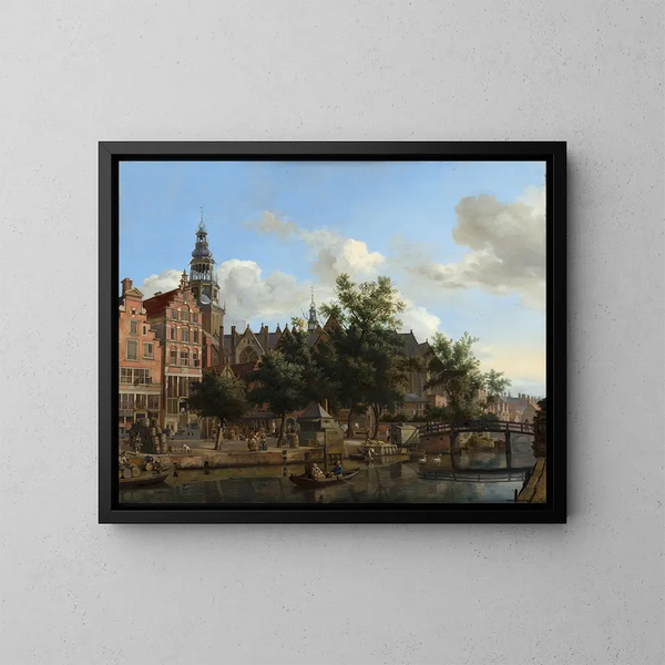 la vista del Oudezijds Voorburgwal con la Oude Kerk en Ámsterdam - Jan van der Heyden — cuadro enmarcado en la pared