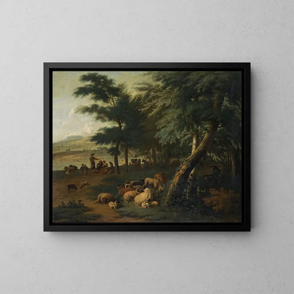 Bergers reposant avec leur troupeau au bord d'un bois - Jan van der Meer le Jeune — cuadro enmarcado en la pared