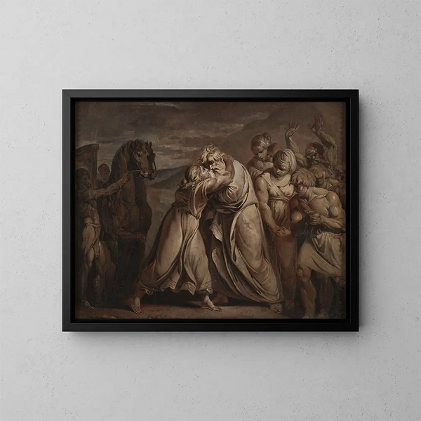 José encuentra a su padre Jacob en el desierto - Jean-Antoine Julien de Parme — cuadro enmarcado en la pared