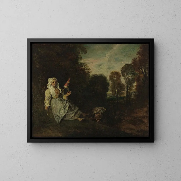 Paisaje nocturno con hiladora - Jean-Antoine Watteau — cuadro enmarcado en la pared