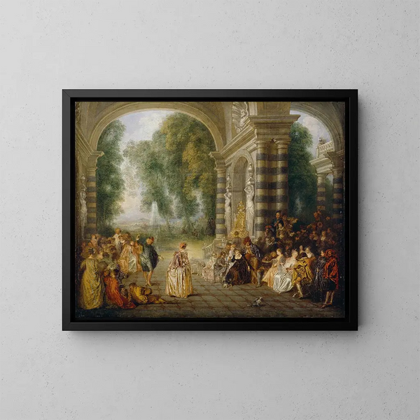 Los placeres del baile - Jean-Antoine Watteau — cuadro enmarcado en la pared