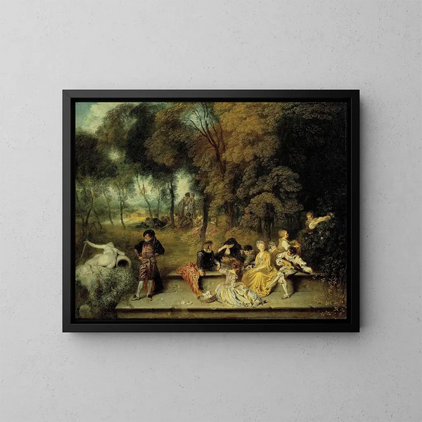 Los placeres del amor - Jean-Antoine Watteau — cuadro enmarcado en la pared
