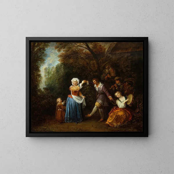 La danza de campaña - Jean-Antoine Watteau — cuadro enmarcado en la pared