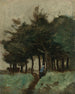 Sendero encajado y figura azul bajo grandes árboles — Corot