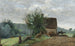 de la corte de la granja con un jinete y una niña pequeña en primer plano - Jean-Baptiste-Camille Corot — vista de la obra
