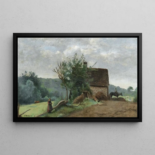 de la corte de la granja con un jinete y una niña pequeña en primer plano - Jean-Baptiste-Camille Corot — cuadro enmarcado en la pared