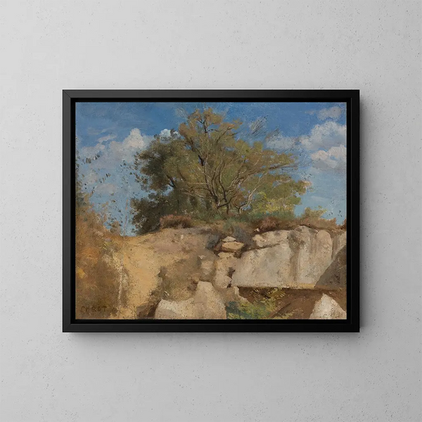 Fontainebleau painting, wooded summit of a quarry - Jean-Baptiste-Camille Corot — framed artwork on a wall