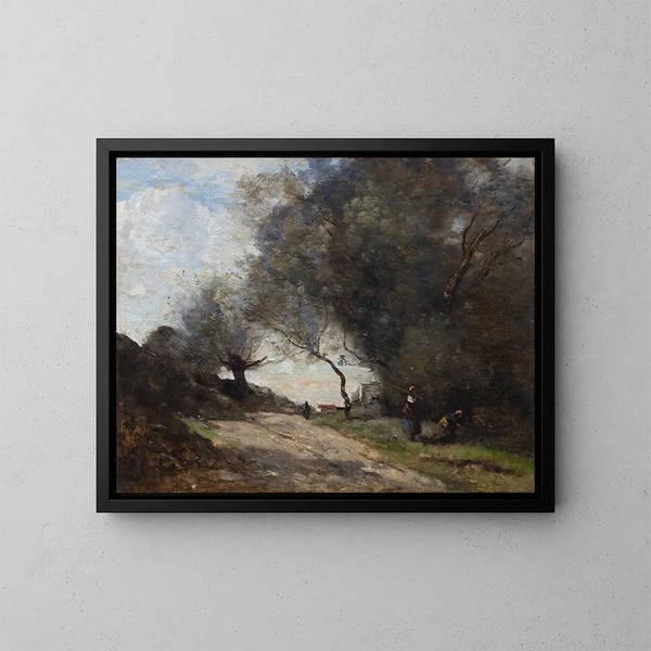 The harvest at the edge of the path - Jean-Baptiste-Camille Corot — framed artwork on a wall