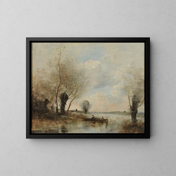 The fishing boat near the willows - Jean-Baptiste-Camille Corot — framed artwork on a wall