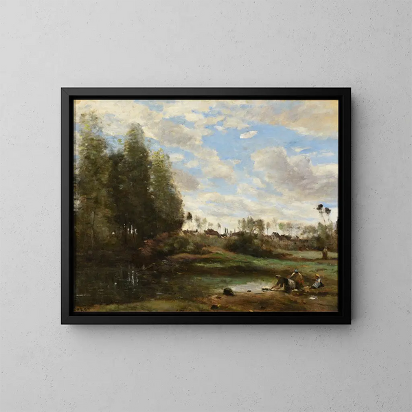 Washers by the water's edge - Jean-Baptiste-Camille Corot — framed artwork on a wall