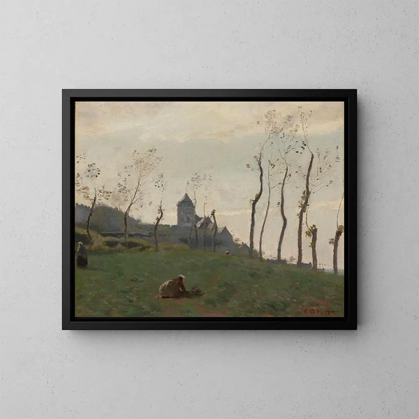 Le Tréport, a port and a church - Jean-Baptiste-Camille Corot — framed artwork on a wall