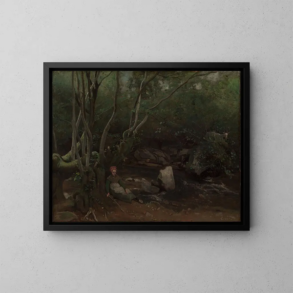Goat girl sitting beside a stream in a forest - Jean-Baptiste-Camille Corot — framed artwork on a wall
