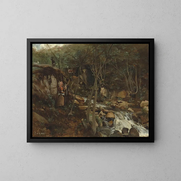 A torrent with a standing goat running - Jean-Baptiste-Camille Corot — framed artwork on a wall