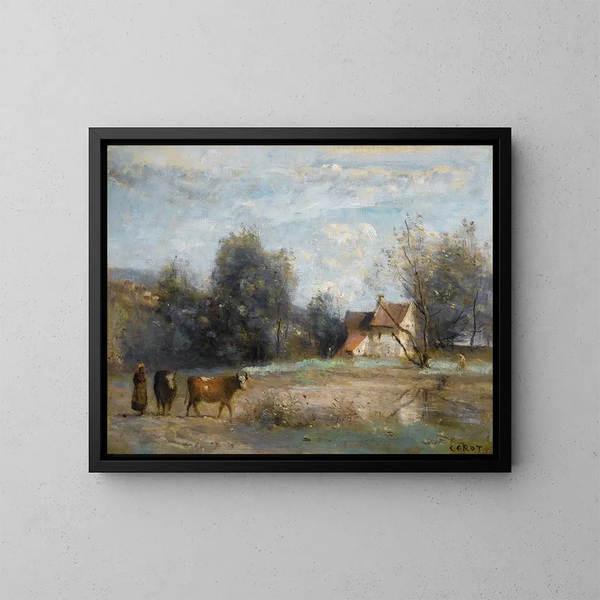Luzancy painting, small peasant houses by the water - Jean-Baptiste-Camille Corot — framed artwork on a wall