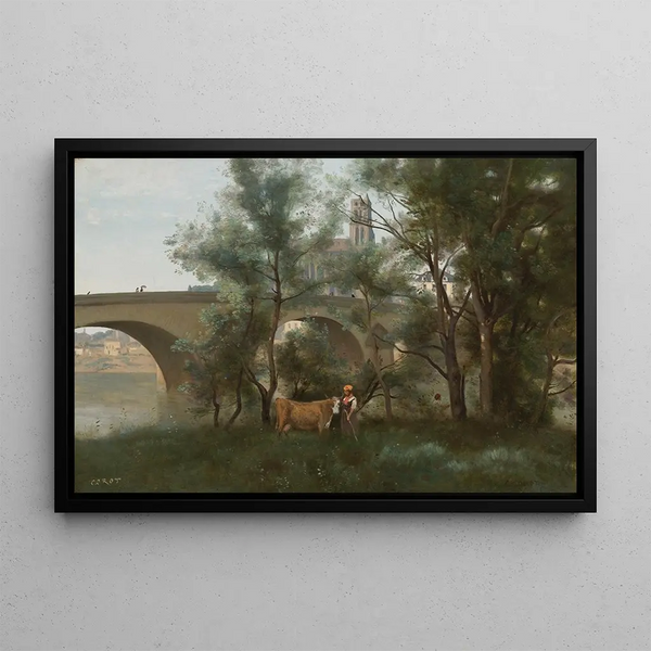 Mantes Los márgenes del Sena al pie del puente - Jean-Baptiste-Camille Corot — cuadro enmarcado en la pared