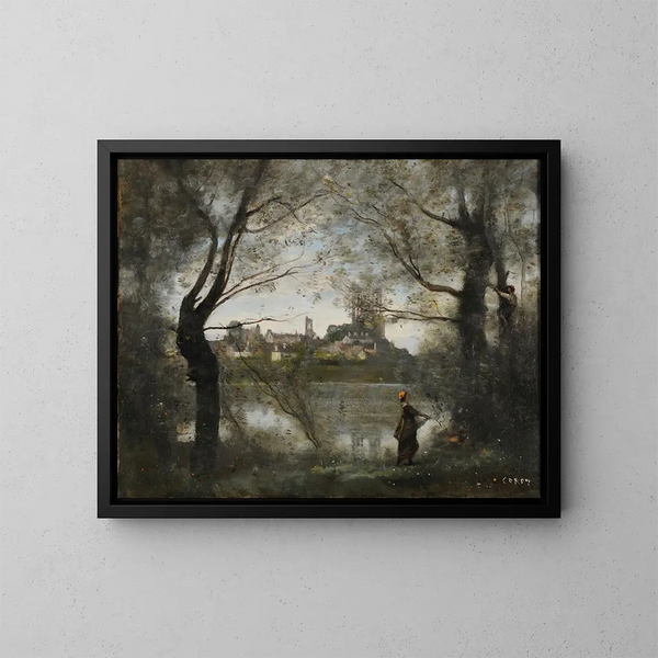 Mantes at dusk - Jean-Baptiste-Camille Corot — framed artwork on a wall