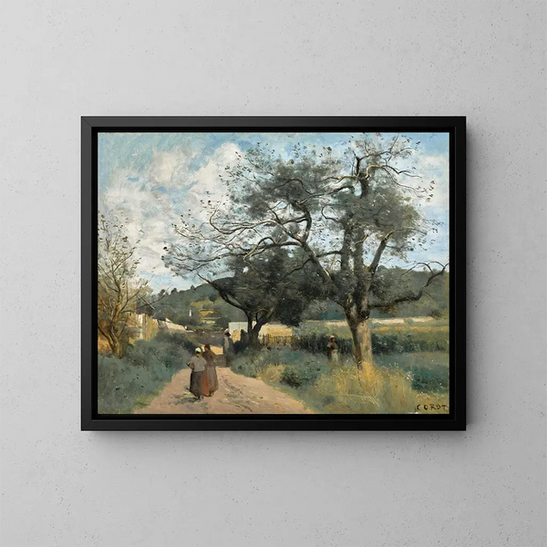 Marcoussis, route à travers les champs - Jean-Baptiste-Camille Corot — framed artwork on a wall