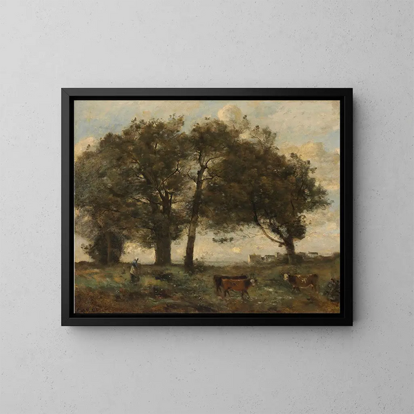 Marshy wooded areas with three cows - Jean-Baptiste-Camille Corot — framed artwork on a wall