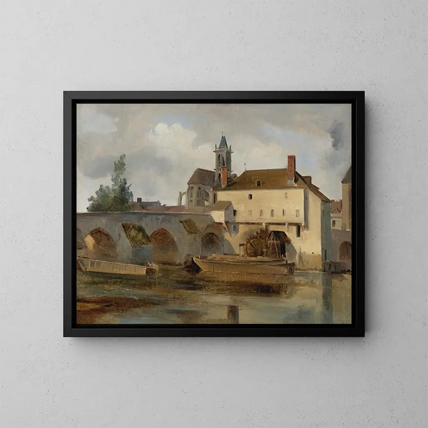 Moret-sur-Loing, the bridge and the church - Jean-Baptiste-Camille Corot — framed artwork on a wall