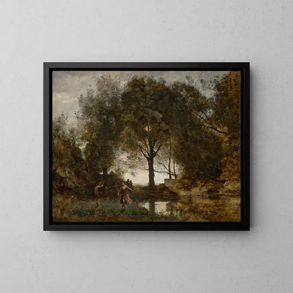 Nymphs and Fauns - Jean-Baptiste-Camille Corot — framed artwork on a wall