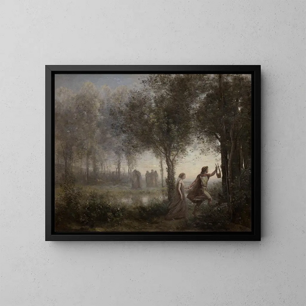 Orpheus leading Eurydice out of the Underworld - Jean-Baptiste-Camille Corot — framed artwork on a wall