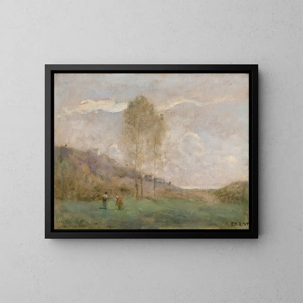 paisaje de otoño cerca de una costa con dos personajes - Jean-Baptiste-Camille Corot — cuadro enmarcado en la pared