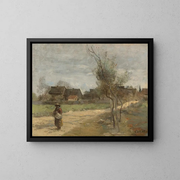 Paisaje campesino en un camino con vista a un pueblo - Jean-Baptiste-Camille Corot — cuadro enmarcado en la pared