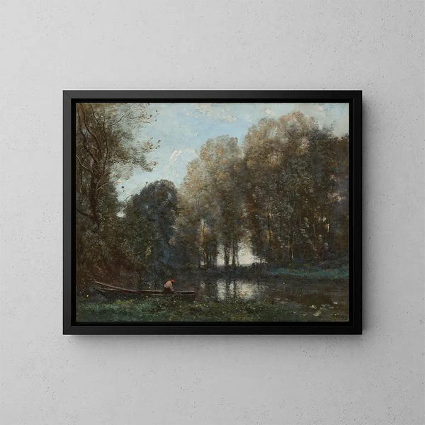 Pescador amarrado en la orilla verde - Jean-Baptiste-Camille Corot — cuadro enmarcado en la pared