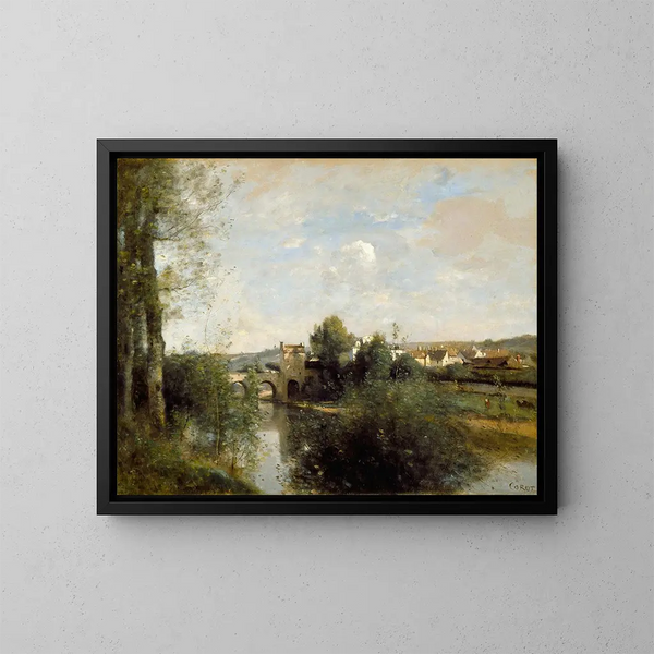 Seine y viejo puente en Limay - Jean-Baptiste-Camille Corot — cuadro enmarcado en la pared