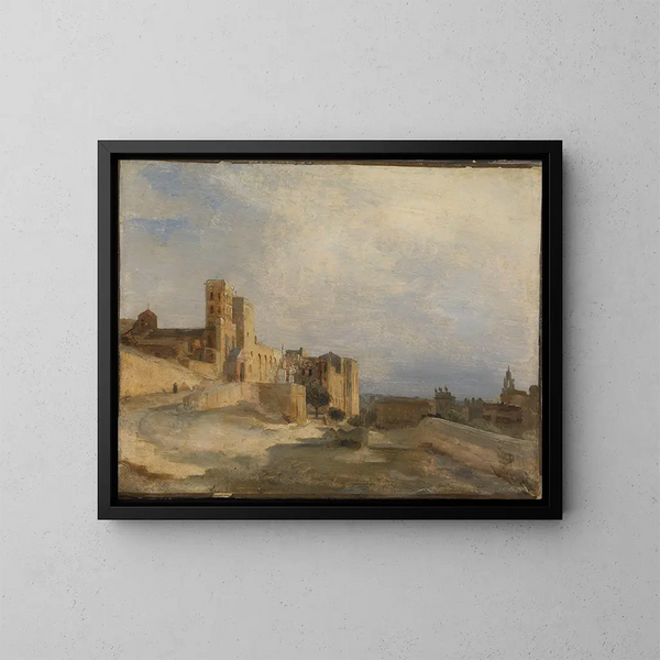 El palacio de los papas en Aviñón - Jean-Baptiste-Camille Corot — cuadro enmarcado en la pared