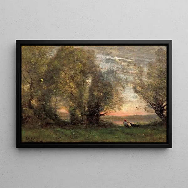El pescador, efecto de la tarde - Jean-Baptiste-Camille Corot — cuadro enmarcado en la pared